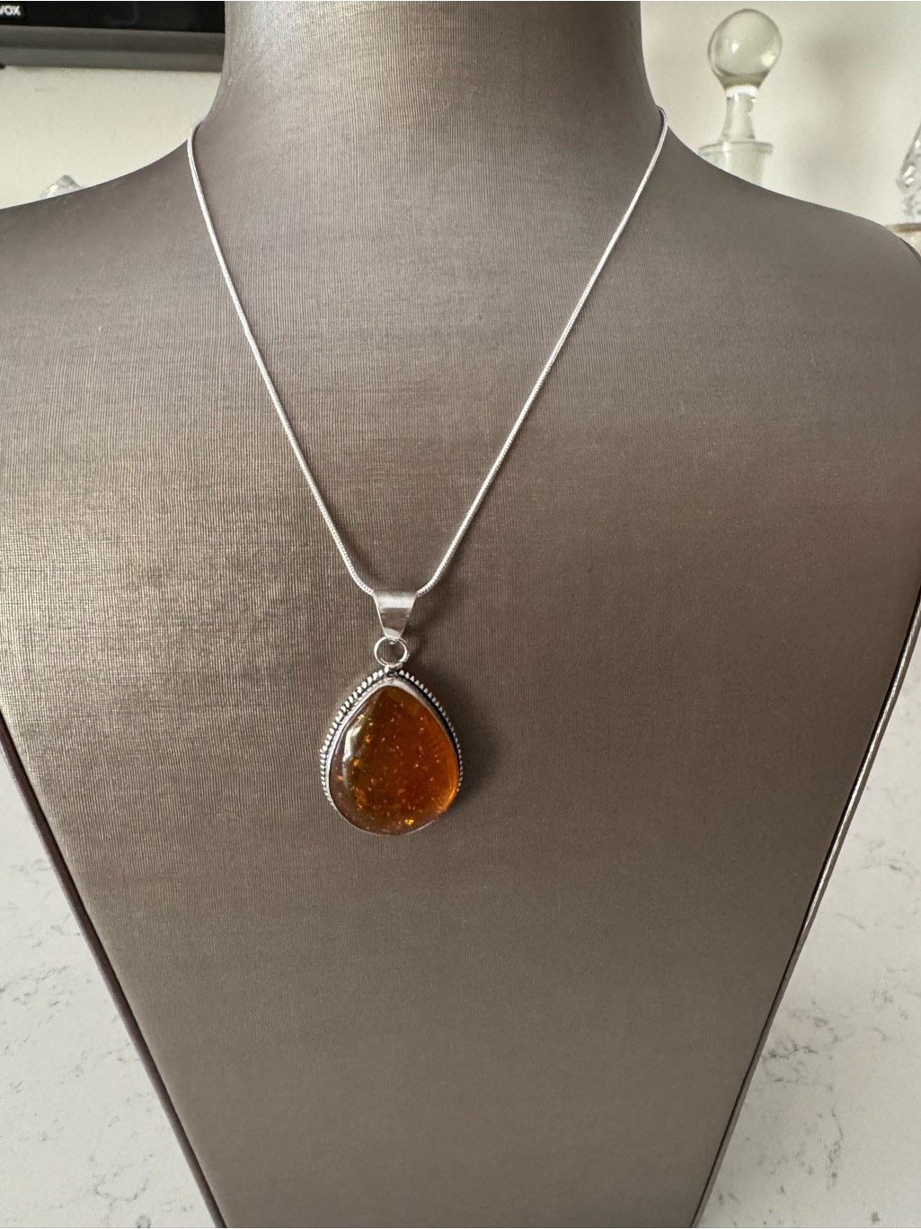 Sterling Silver Teardrop Amber Pendant Necklace - Elegant Women's Jewelry